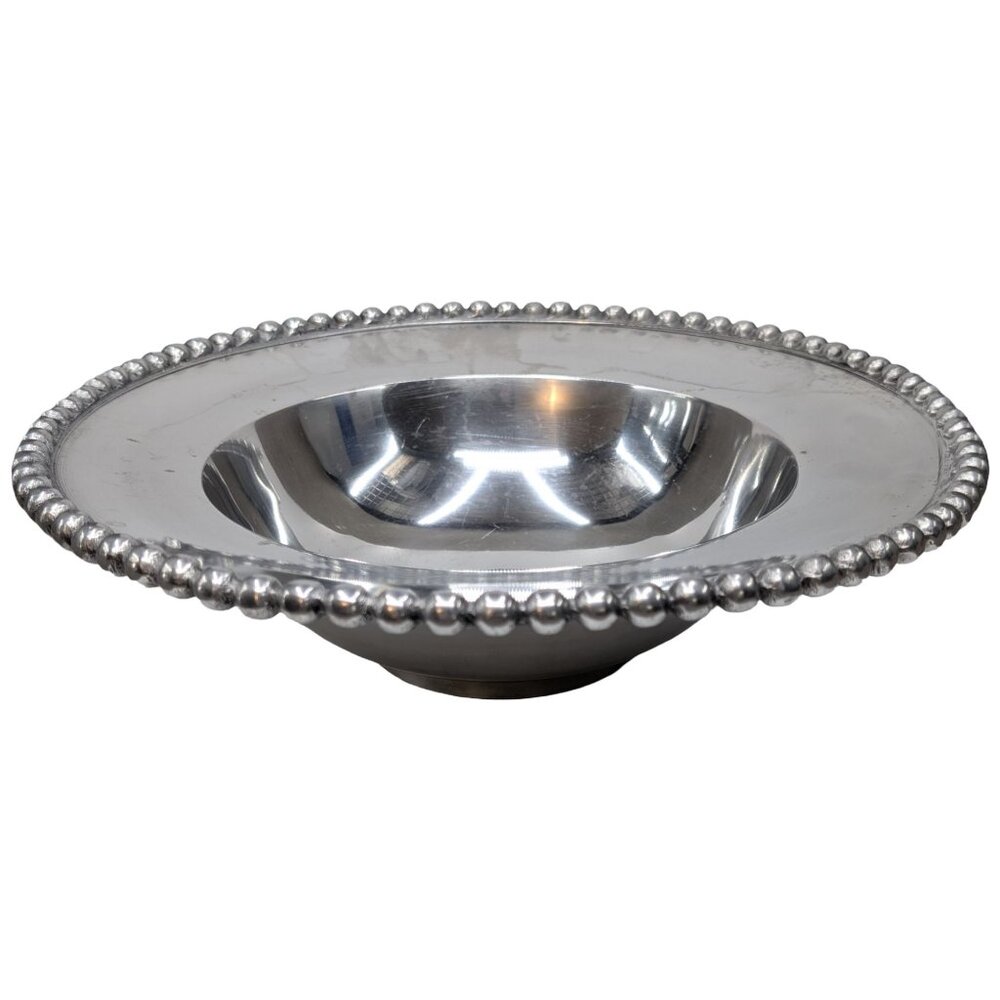 IHI Dotted Edge Round Bowl Silver Tone Aluminum Metal Decorative Rim 12.5"